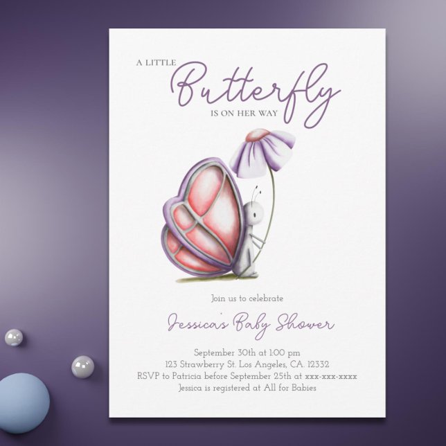 Watercolor Butterfly Girl Baby Shower Invitation (Cute Butterfly and Flower Personalized Birthday Card)