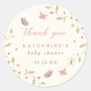 Watercolor Butterfly Girl Baby Shower Thank You Classic Round Sticker