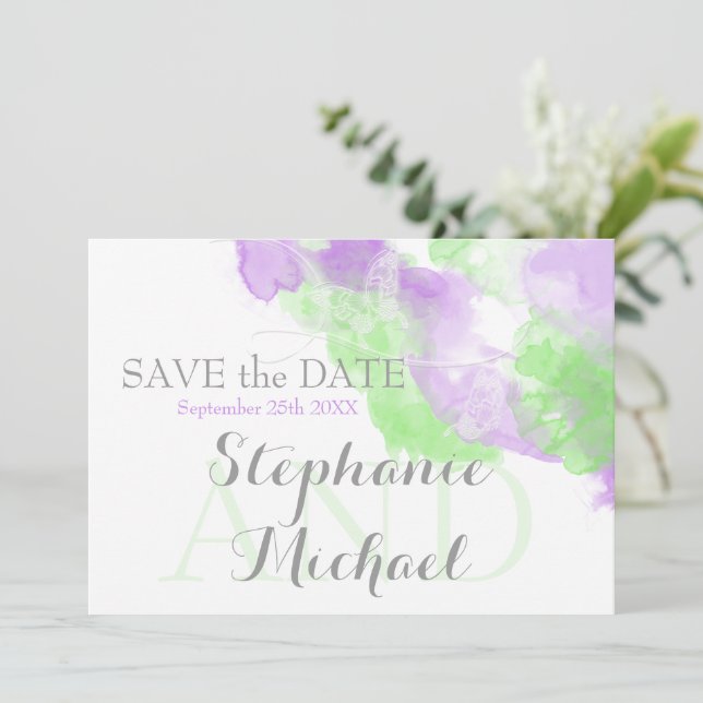 Watercolor Butterfly Lilac Matcha Green Splash Save The Date (Standing Front)
