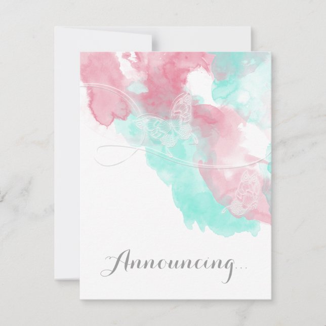 Watercolor Butterfly Minted Blush Wedding Announcement (Front)