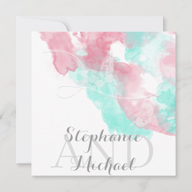 Watercolor Butterfly Minted Blush Wedding Invitation (Front)