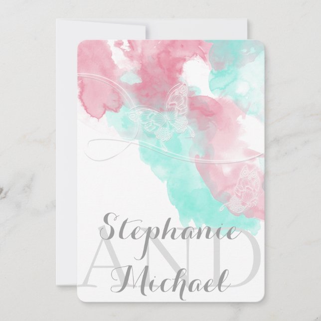 Watercolor Butterfly Minted Blush Wedding Invitation (Front)