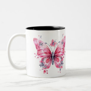 Watercolor Butterfly Mug, Pink Nature Inspired  Two-Tone Coffee Mug