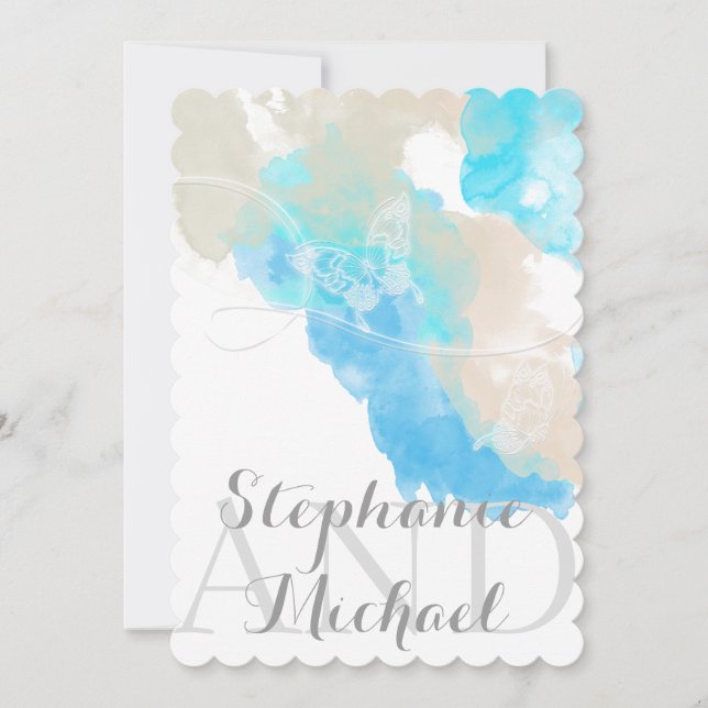 Watercolor Butterfly Ocean Shore Wedding Invitatio Invitation (Front)