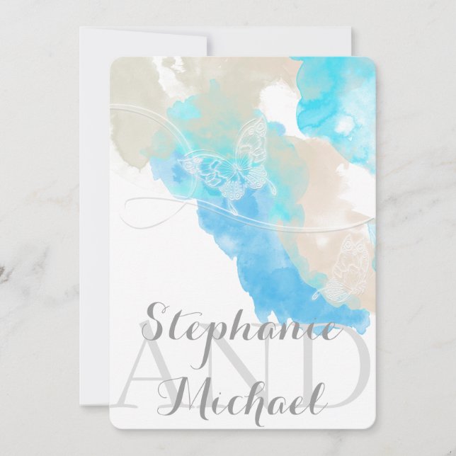 Watercolor Butterfly Ocean Shore Wedding Invitatio Invitation (Front)