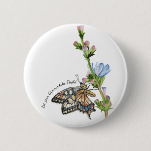 Watercolor butterfly on a chicory flower 6 cm round badge