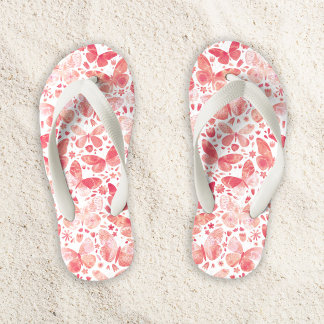 Watercolor Butterfly Pattern Coral Pink Kid's Flip Flops