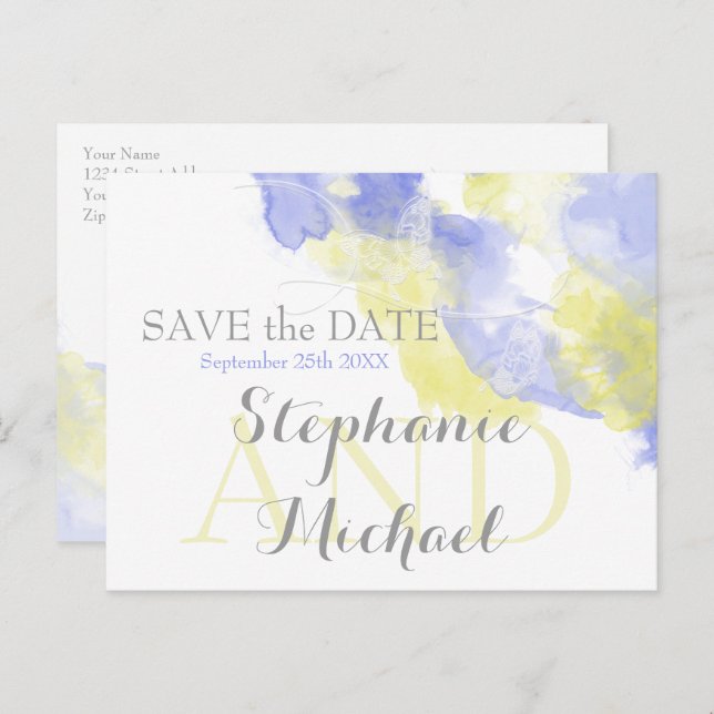 Watercolor Butterfly Periwinkle Lemon SavetheDate Announcement Postcard (Front/Back)