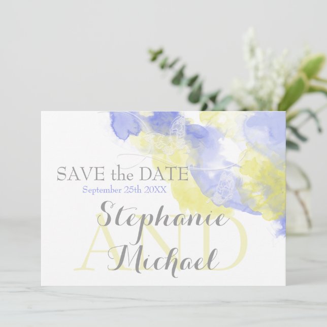 Watercolor Butterfly Periwinkle Lemon SavetheDate Save The Date (Standing Front)