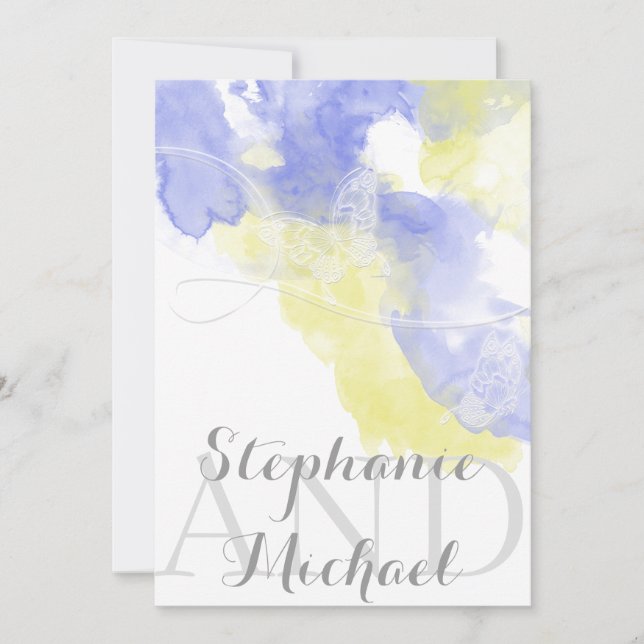 Watercolor Butterfly Periwinkle Wedding Invitation (Front)