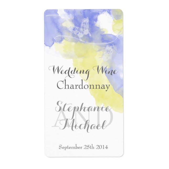 Watercolor Butterfly Periwinkle Wedding Wine Label (Front)