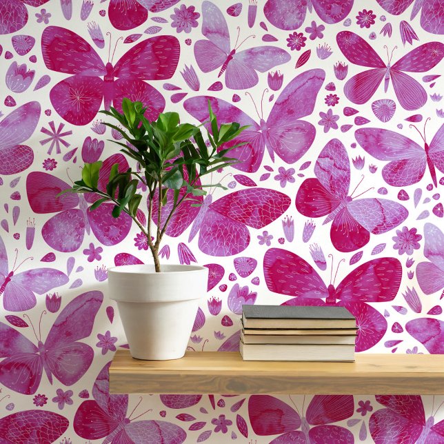 Watercolor Butterfly Pink and White Art Wallpaper (Pink and white butterfly watercolor art wallpaper)