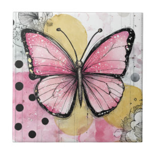 Watercolor Butterfly Pink Boho Nature Art Tile