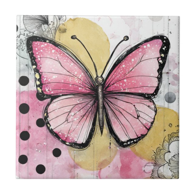 Watercolor Butterfly Pink Boho Nature Art Tile (Front)