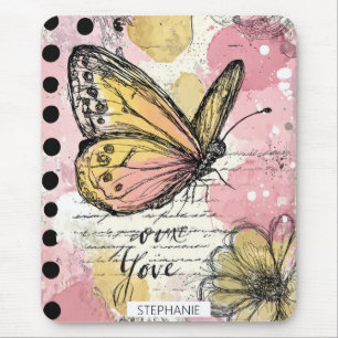 Watercolor Butterfly Pink Gold Boho Nature Art (2) Mouse Mat