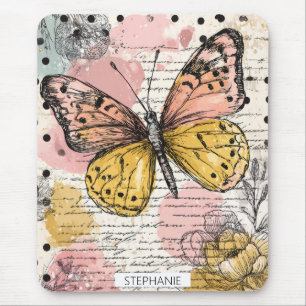 Watercolor Butterfly Pink Gold Boho Nature Art (3) Mouse Mat