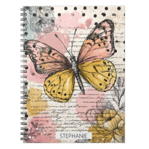 Watercolor Butterfly Pink Gold Boho Nature Art (3) Notebook