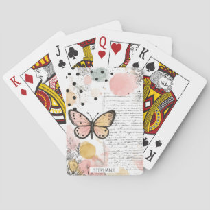 Watercolor Butterfly Pink Gold Boho Nature Art (3) Playing Cards