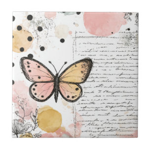 Watercolor Butterfly Pink Gold Boho Nature Art (3) Tile