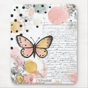 Watercolor Butterfly Pink Gold Boho Nature Art Mouse Mat