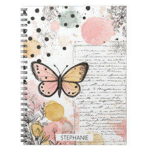 Watercolor Butterfly Pink Gold Boho Nature Art Notebook