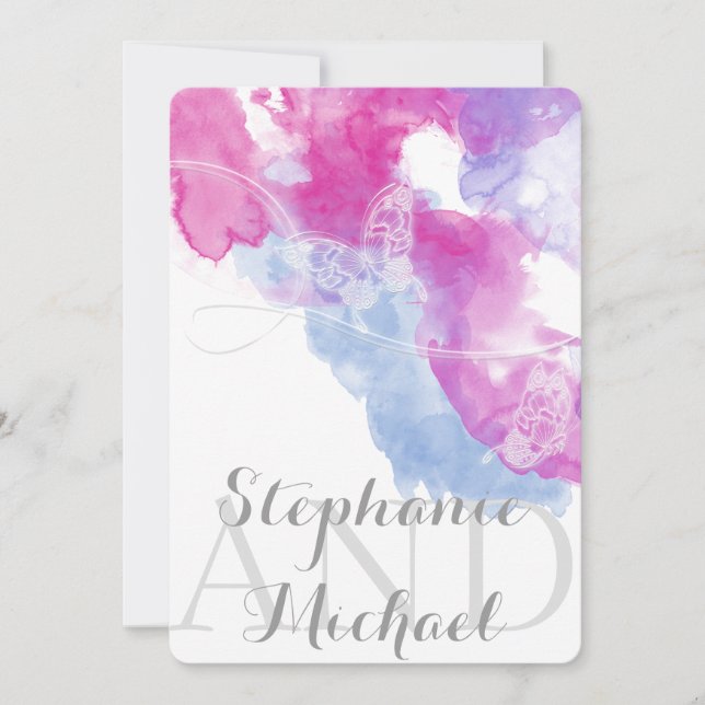 Watercolor Butterfly Raspberry  Wedding Invitation (Front)