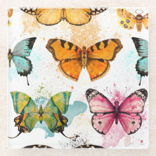 Watercolor Butterfly Seamless Delicate Pattern Glass Coaster