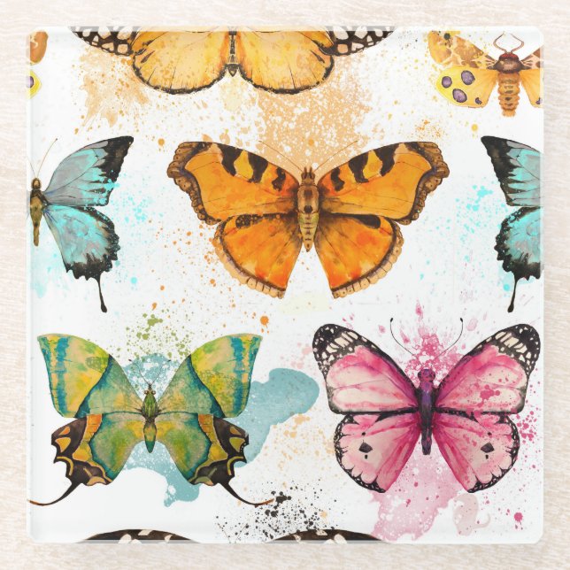 Watercolor Butterfly Seamless Delicate Pattern Glass Coaster (Front)