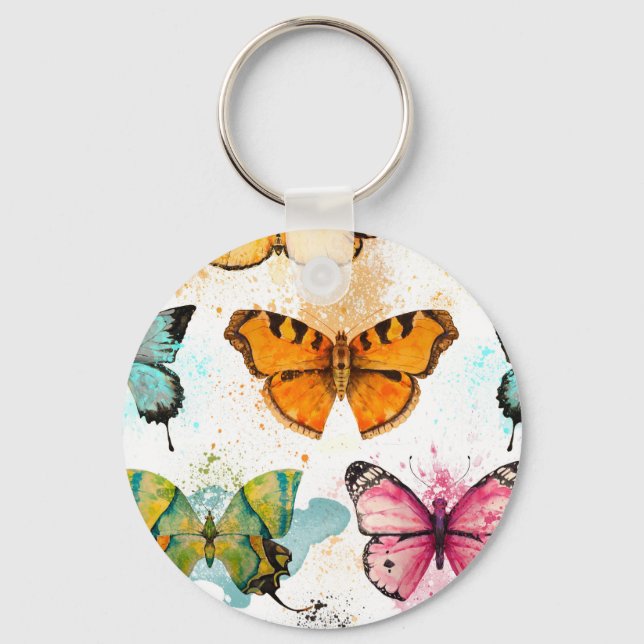 Watercolor Butterfly Seamless Delicate Pattern Key Ring (Front)