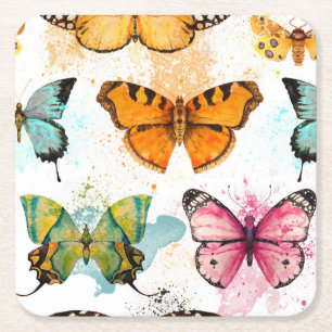 Watercolor Butterfly Seamless Delicate Pattern Square Paper Coaster