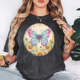 Watercolor Butterfly Sunflowers Floral Grunge Art T-Shirt