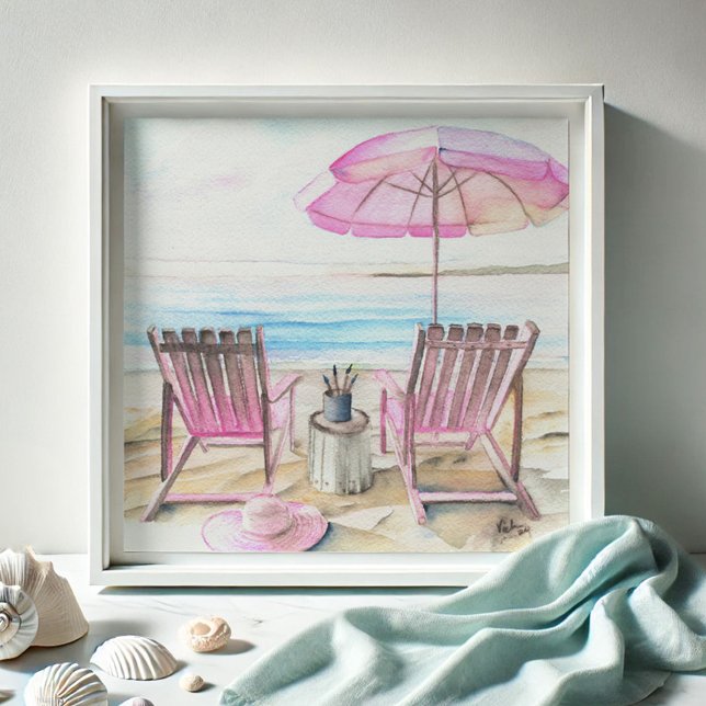 Watercolor By the Shoreline 2 Photo Print (Watercolor paintings pink beach art by Victoria Grigaliunas of Do Tell A Belle chairs and umbrella)