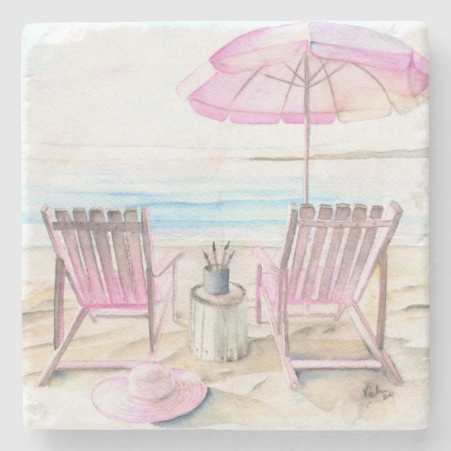 Watercolor By The Shoreline Beach Art Stone Coaster (Front)
