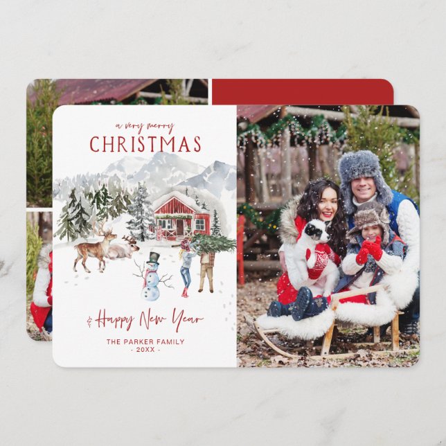 Watercolor Cabin | Christmas Holiday Photo Card (Front/Back)
