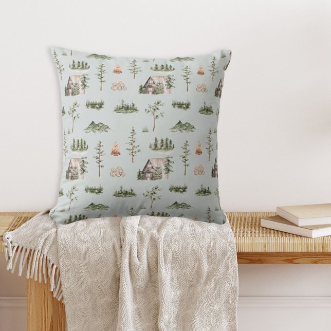 Watercolor Cabin Forest Seamless Pattern Cushion (In situ)