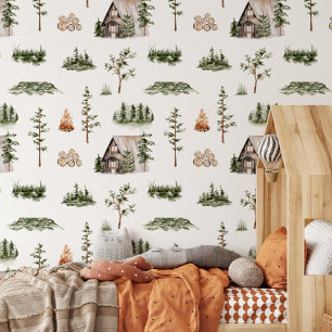 Watercolor Cabin Forest Seamless Pattern Wallpaper