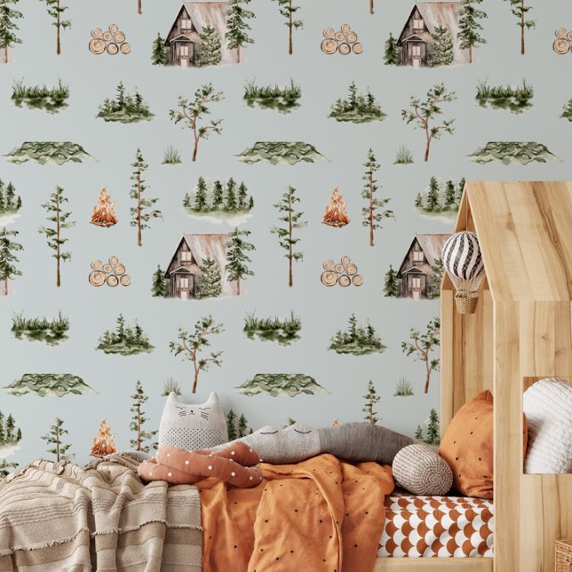 Watercolor Cabin Forest Seamless Pattern Wallpaper (In situ)