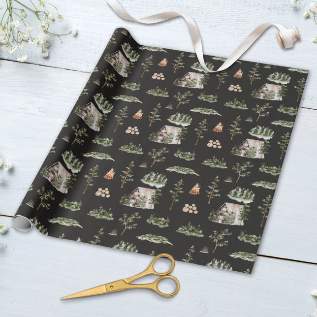 Watercolor Cabin Forest Seamless Pattern Wrapping Paper (Close up)