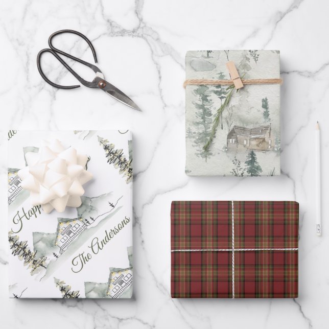 Watercolor Cabin Holiday Plaid Wrapping Paper Sheet (Front)