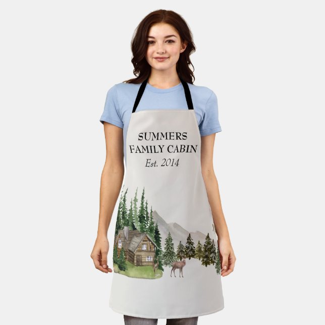 Watercolor Cabin House Home Family Name Apron (Worn)