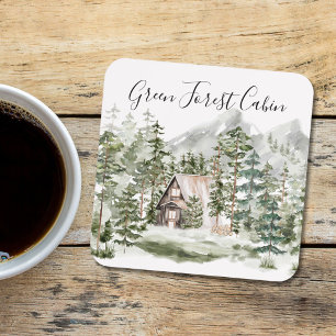 Watercolor Cabin in The Green Pine Forest Woodland Coaster