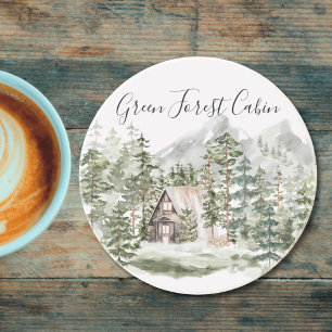 Watercolor Cabin in The Green Pine Forest Woodland Coaster