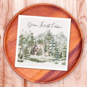 Watercolor Cabin in The Green Pine Forest Woodland Napkin