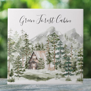 Watercolor Cabin in The Green Pine Forest Woodland Tile