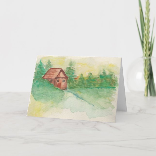 Watercolor Cabin In The Woods Note Card (Front)