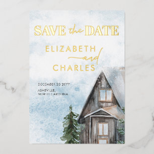Watercolor Cabin Rustic Winter Save The Date