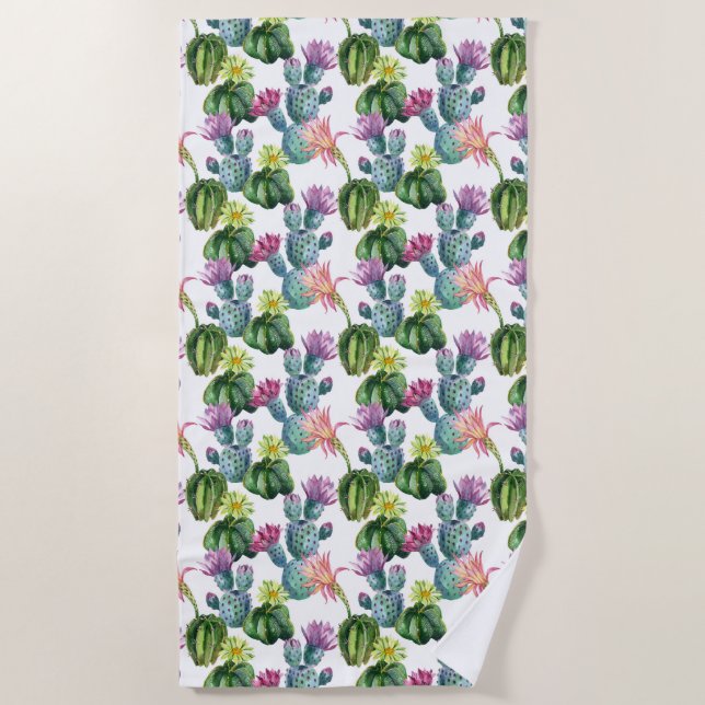 Watercolor Cacti Art Pattern Beach Towel (Front)