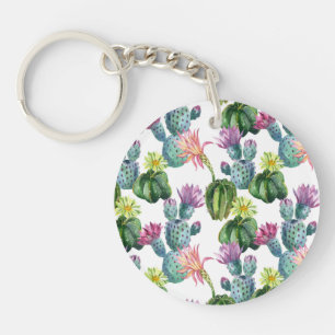 Watercolor Cacti Art Pattern Key Ring