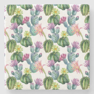 Watercolor Cacti Art Pattern Stone Coaster