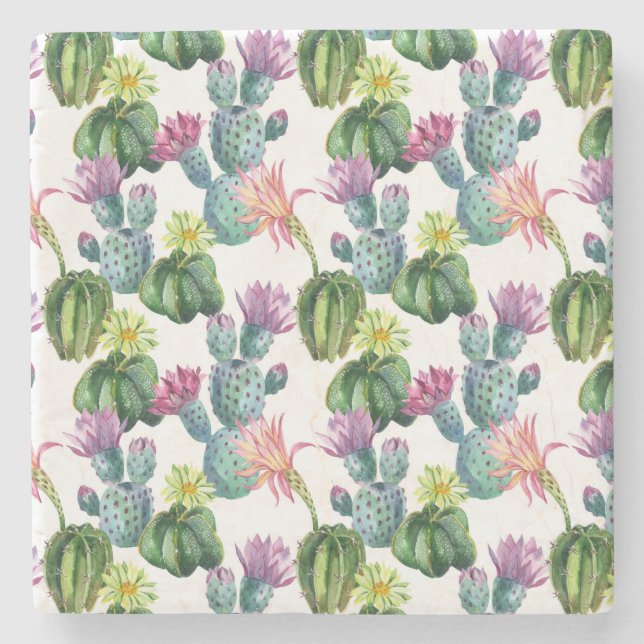 Watercolor Cacti Art Pattern Stone Coaster (Front)